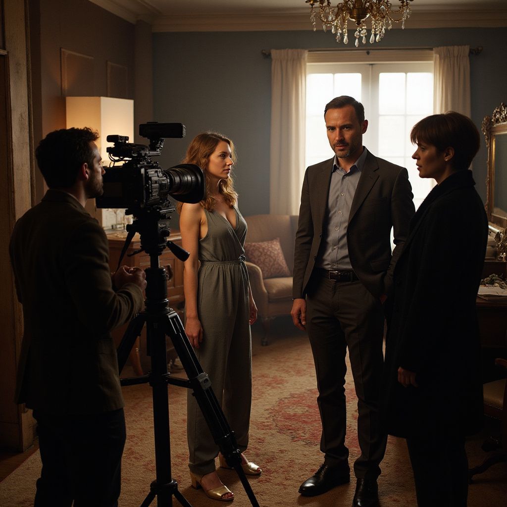 Filming a scene indoors with three actors and a cameraman. Formal wear, camera equipment, chandelier.