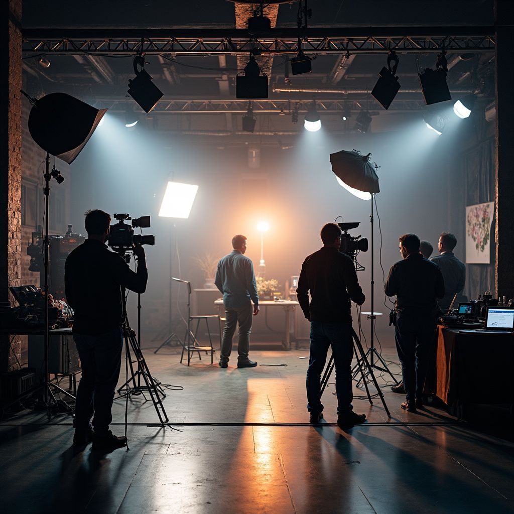 Film crew filming in a studio. Multiple cameras, lights, and people are visible.