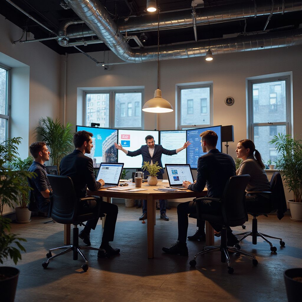 Business team in a modern conference room; man gesturing towards large screens; laptops on table.