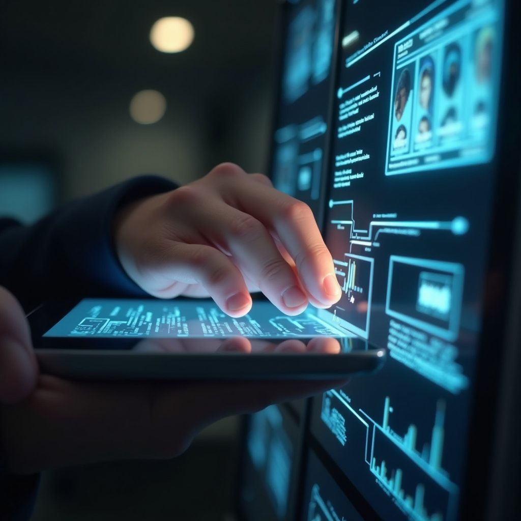 Person using a tablet and looking at a large screen with glowing blue data and faces.