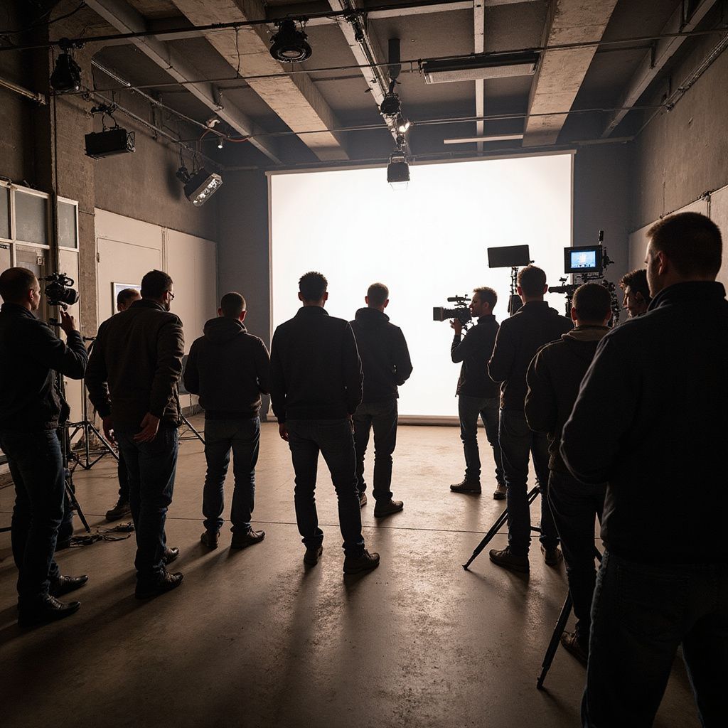 A film crew sets up cameras in a studio, facing a large white screen, preparing to film.