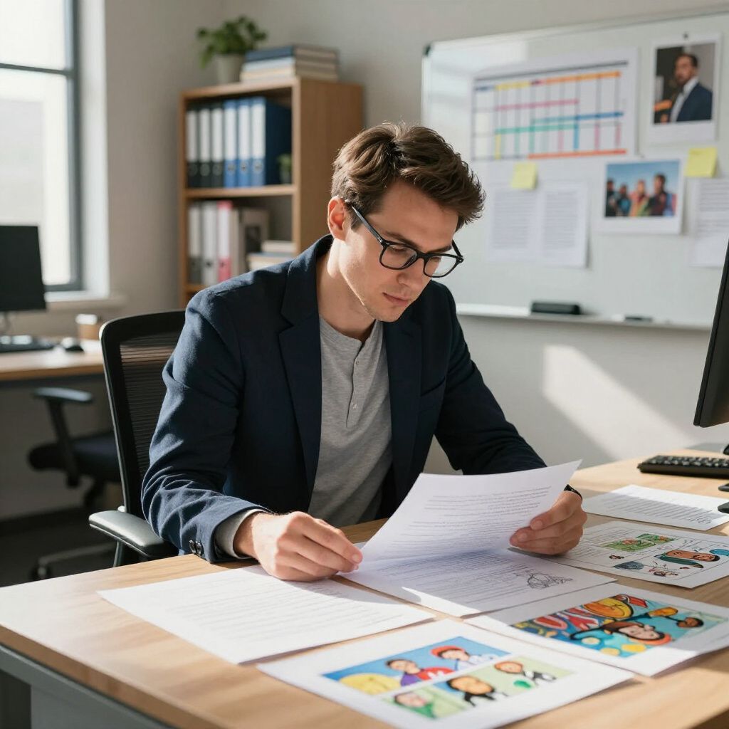 Man in glasses reviews papers at a desk in an office setting.