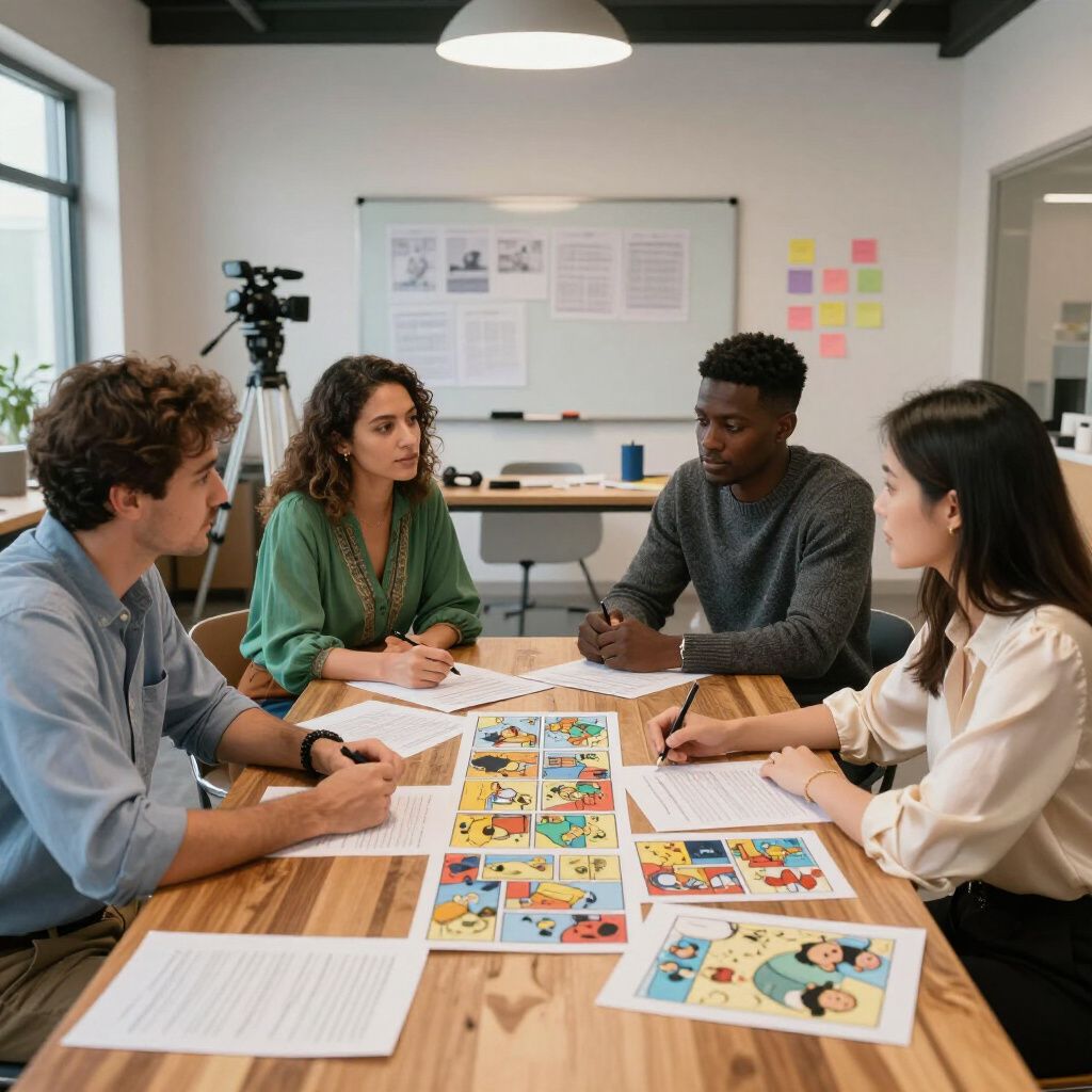 Four people at a table, reviewing documents and a comic strip, in an office.