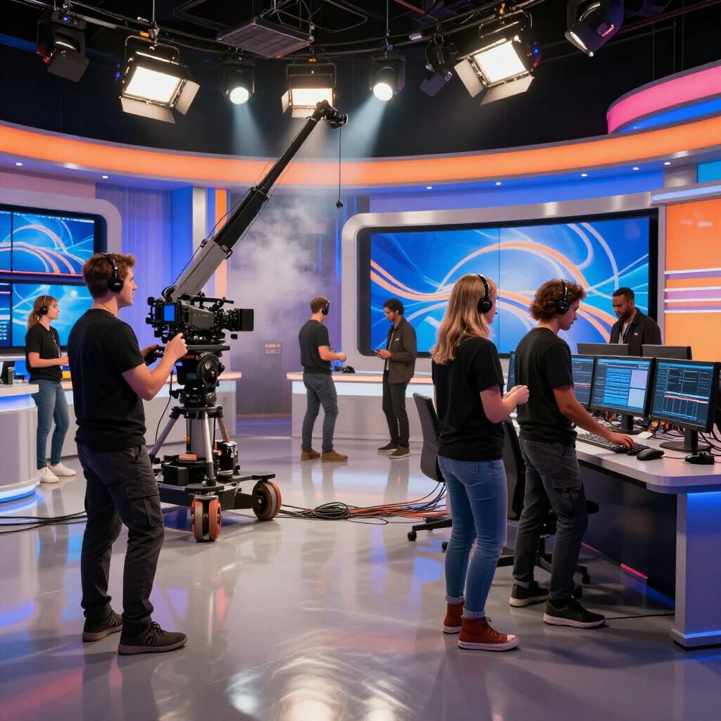Television studio with crew operating cameras and equipment, filming a show with large screens in the background.