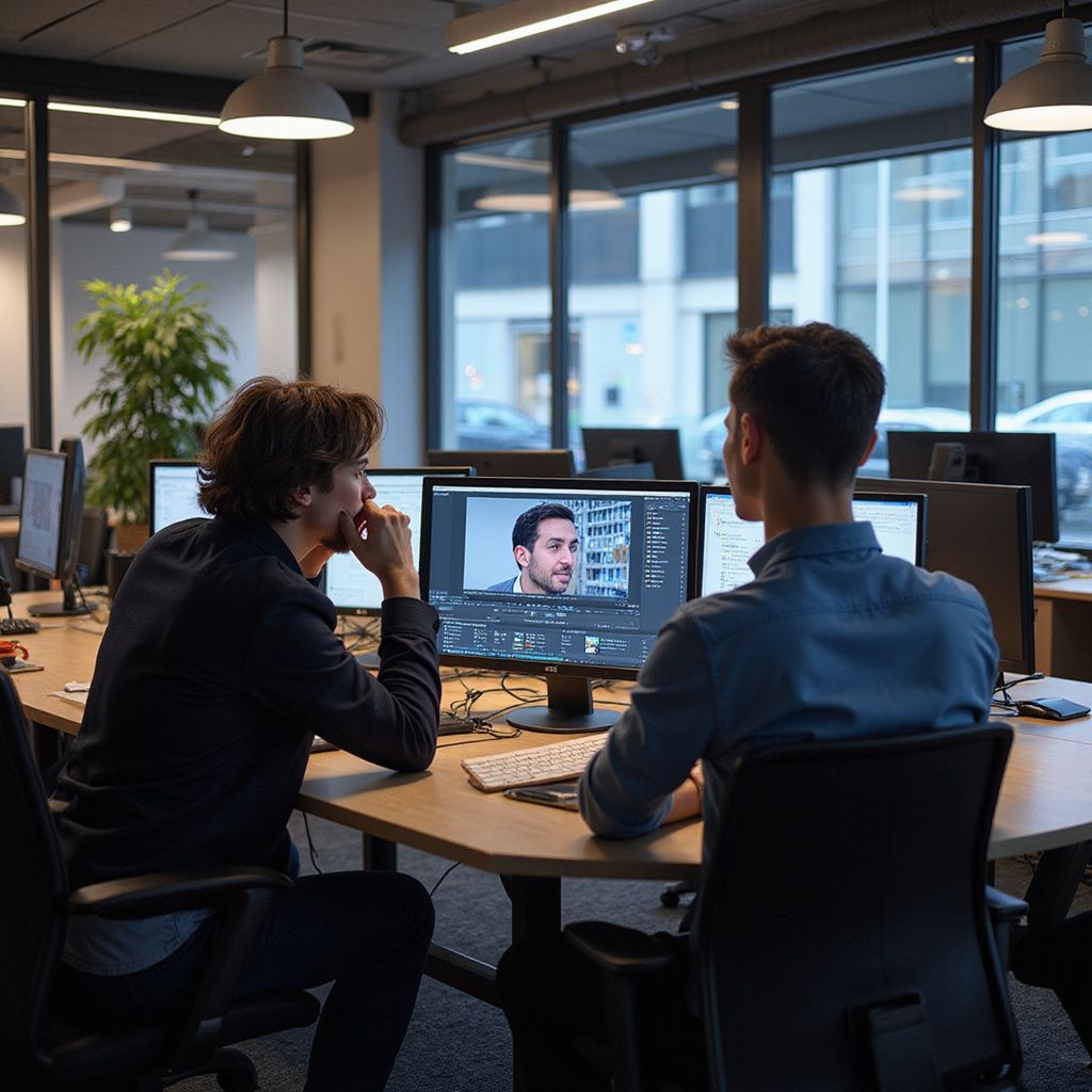 Two men in an office, looking at a computer screen displaying a man's face. Office setting with windows.