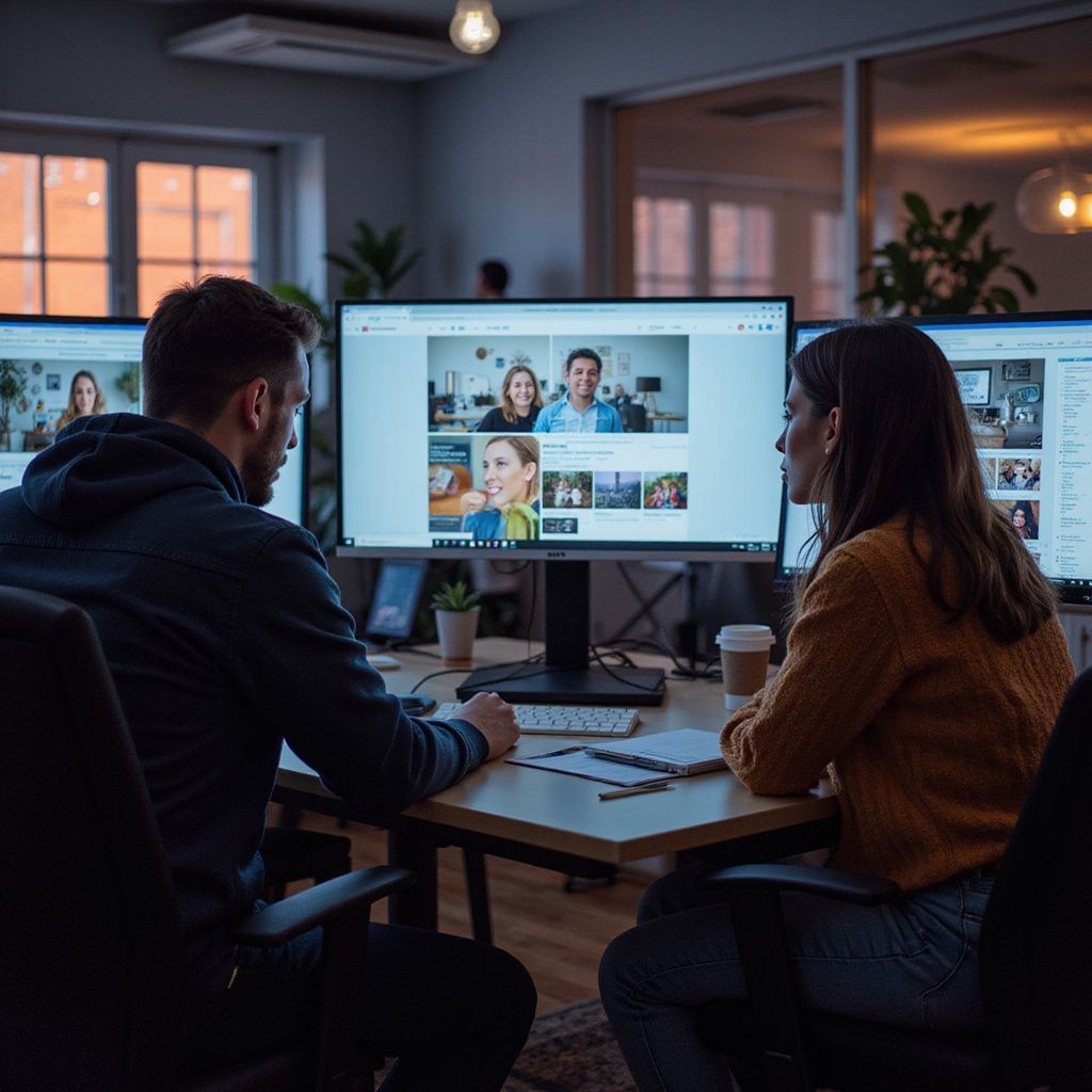 Two people looking at computer screens in a dimly lit office. They are sitting at a desk with plants and coffee cups.