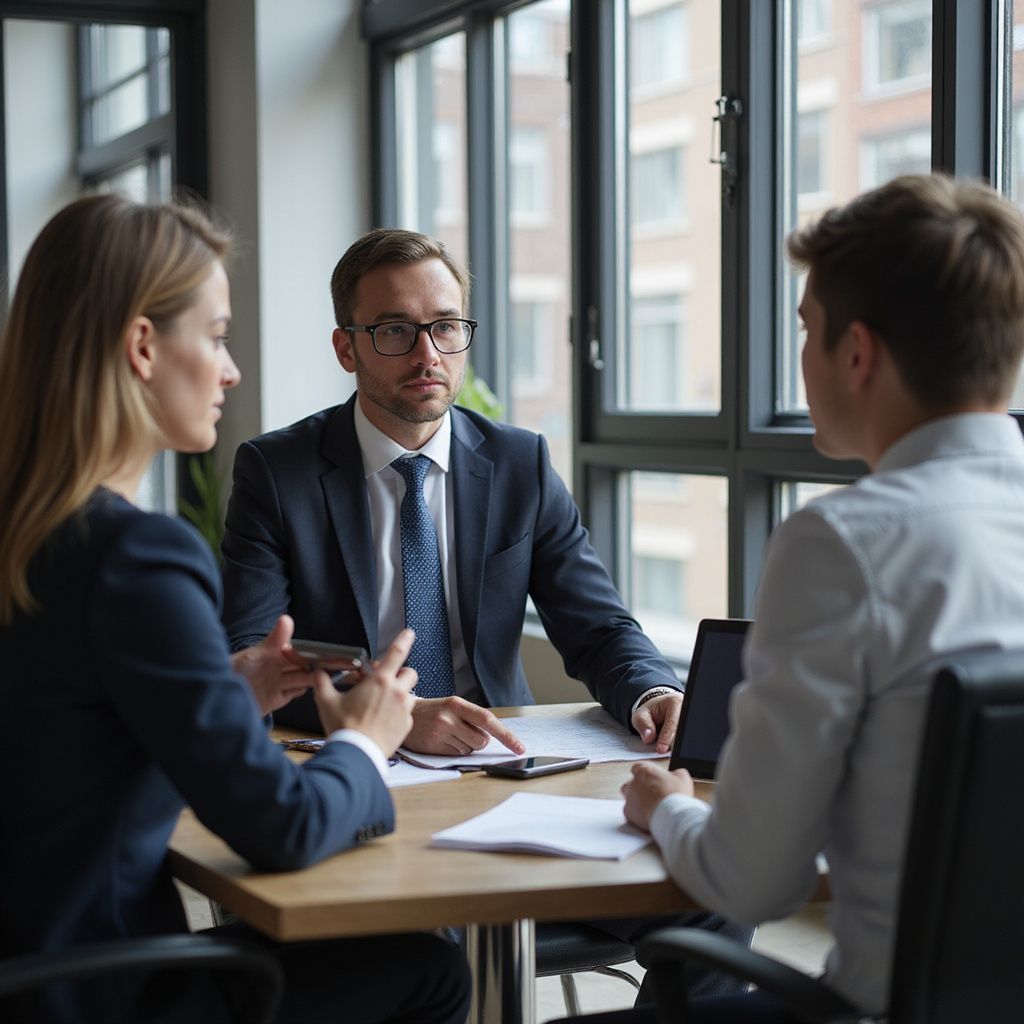 Three people in suits at a table: a man in a suit points, a woman talks, and another man looks on.