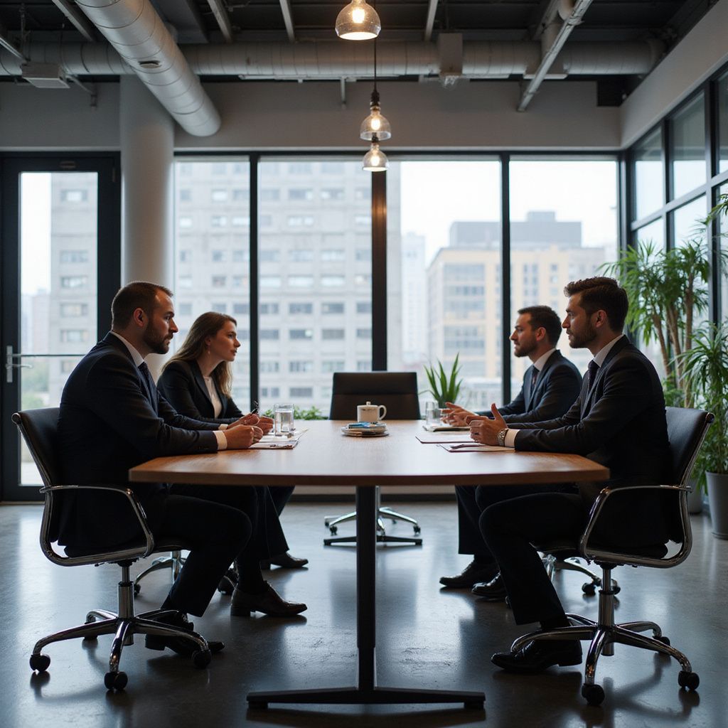 Businesspeople in suits at a table in a modern office, discussing documents.