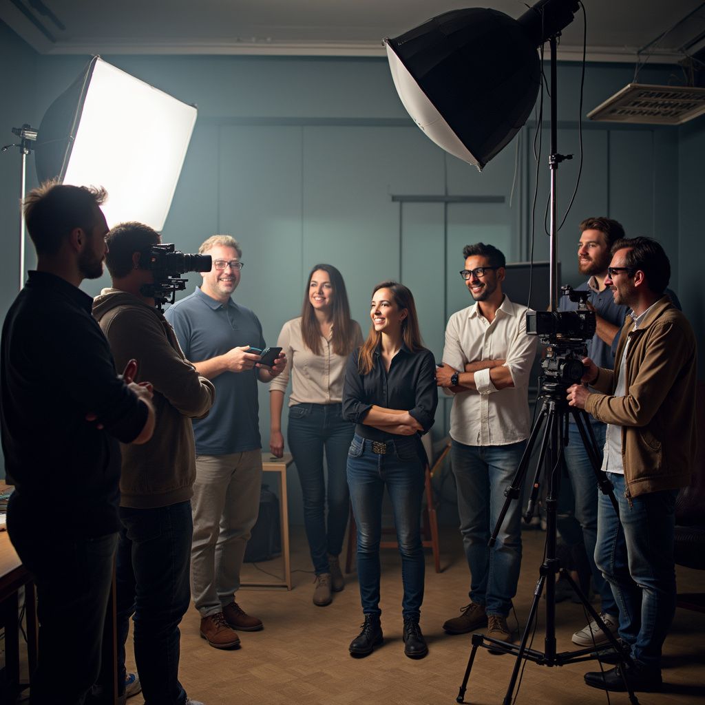 Film crew filming a woman in a studio. Others watch, smile. Bright lights illuminate the scene.