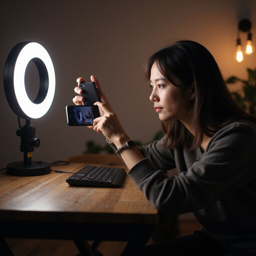 Woman using a ring light to film with a phone at a desk.