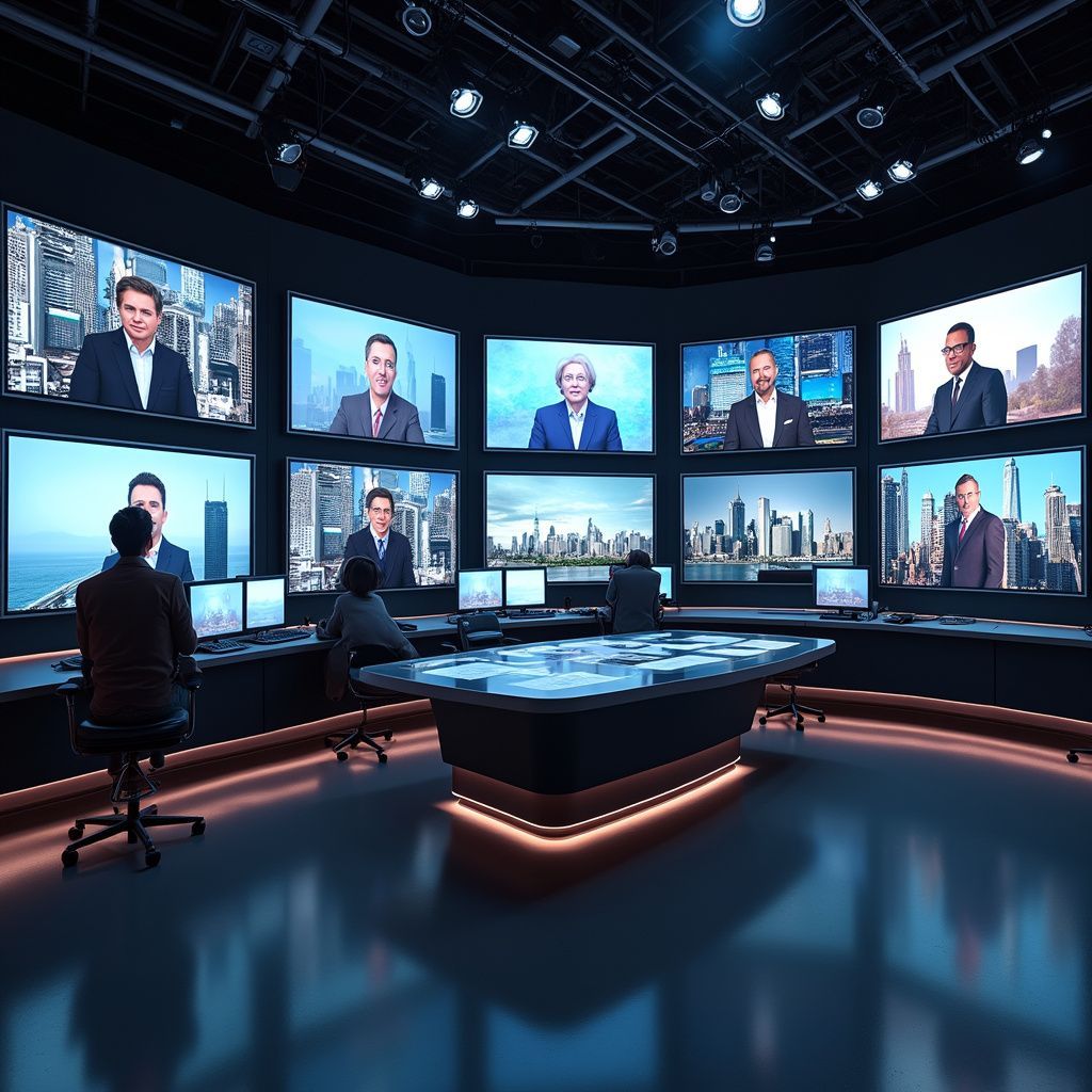Television studio with multiple screens displaying news anchors, control room staff, and cityscape backdrop.
