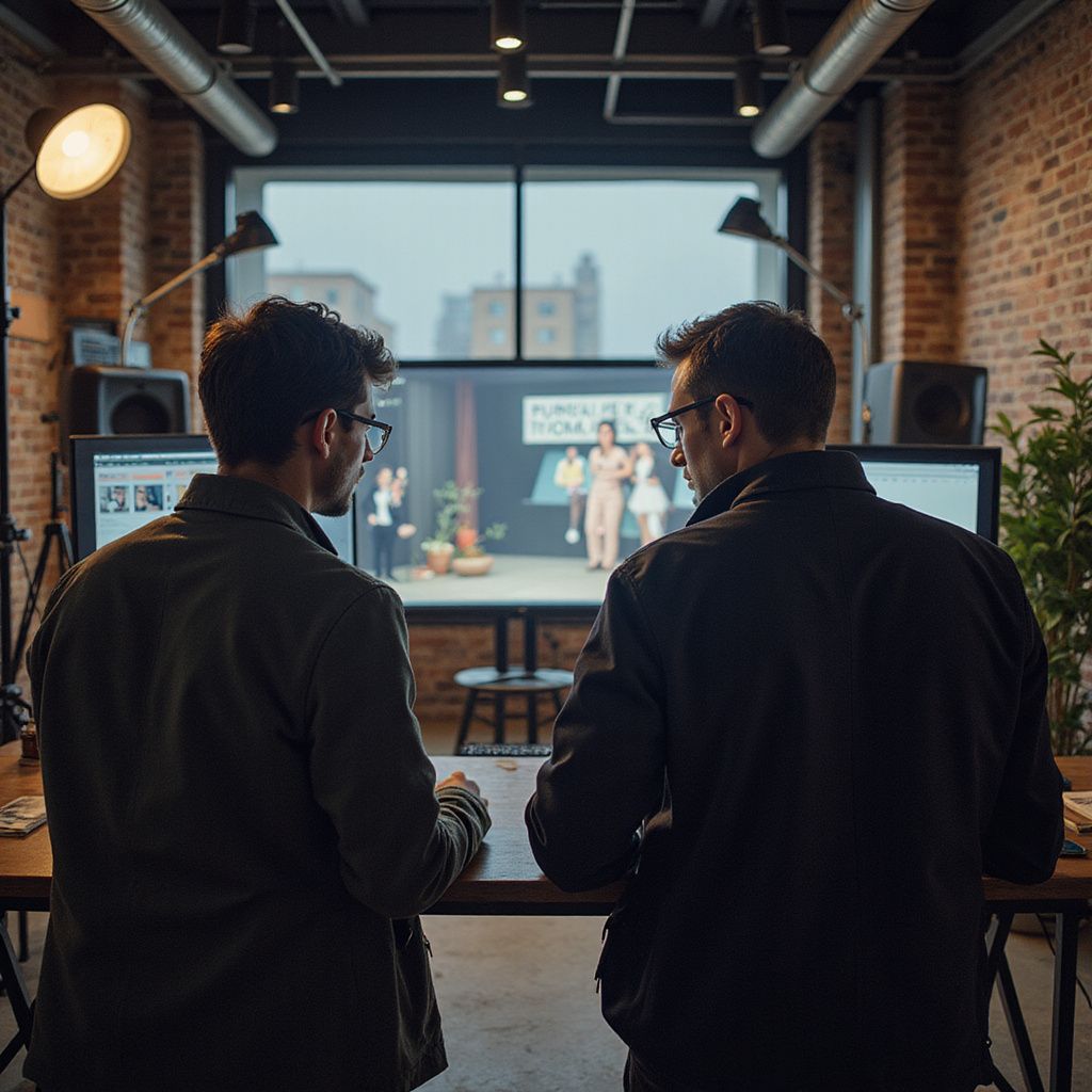 Two people viewing a screen with a performance on it in a brick-walled office.