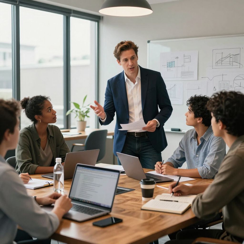 A man leads a meeting, gesturing with a paper, in an office with others around a table, some using laptops.