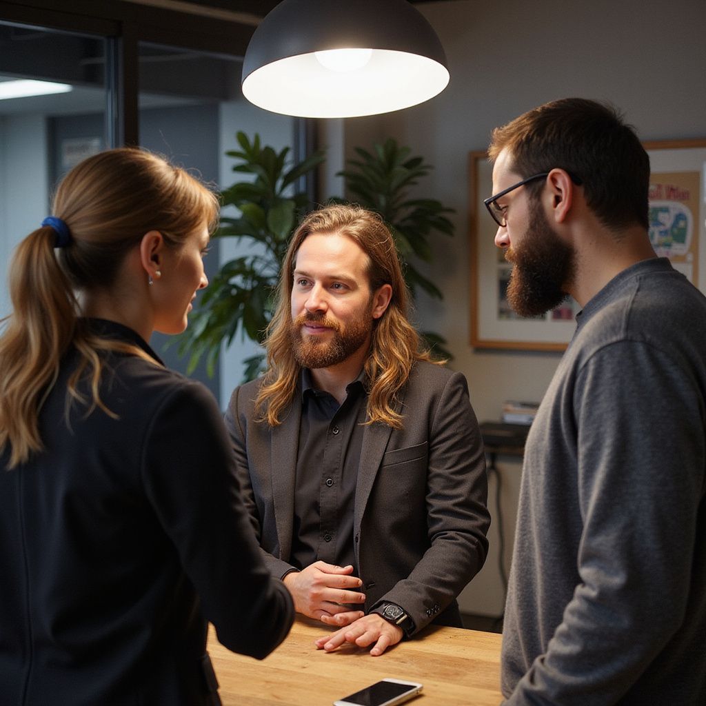 Three people in a modern office, gathered around a wooden table. They appear to be in a discussion.