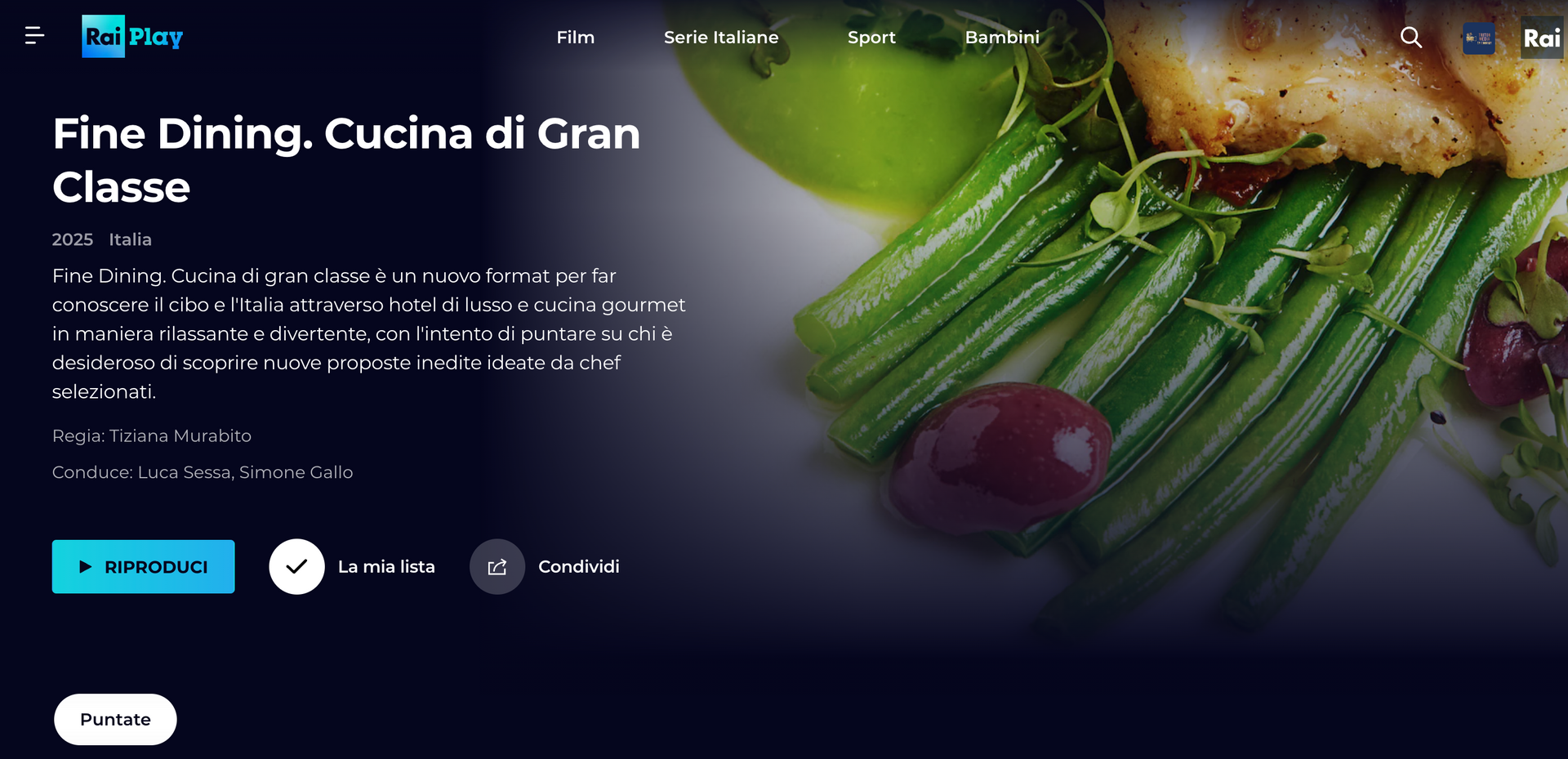 Fine Dining. Cucina di Gran Classe. Dish with green beans, grapes, and white fish. Dark blue background.