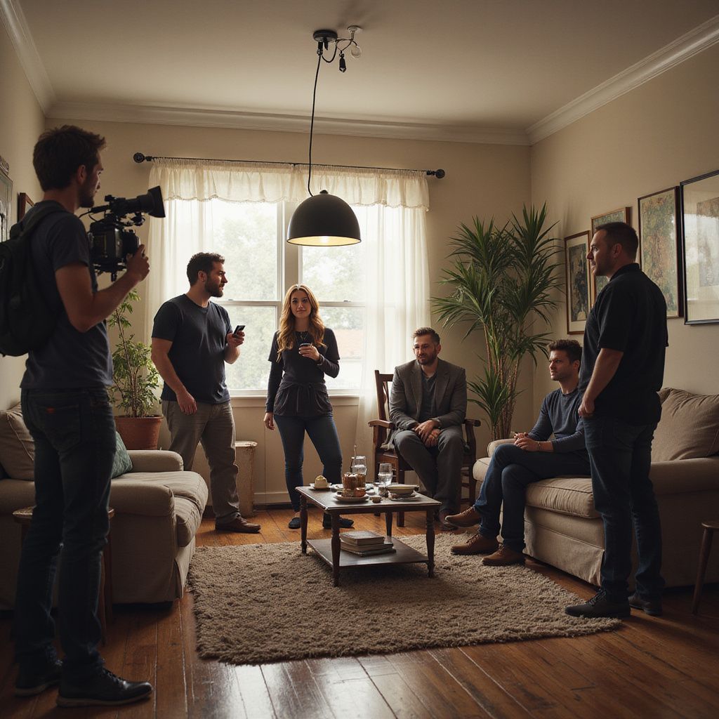 A film crew filming in a living room. People standing and sitting, lights, and camera.