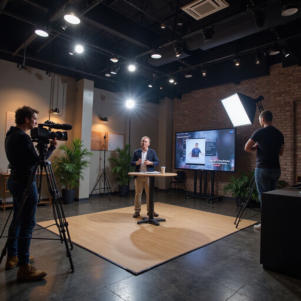 A man being filmed in a studio with two crew members, lighting, and a screen showing a person.