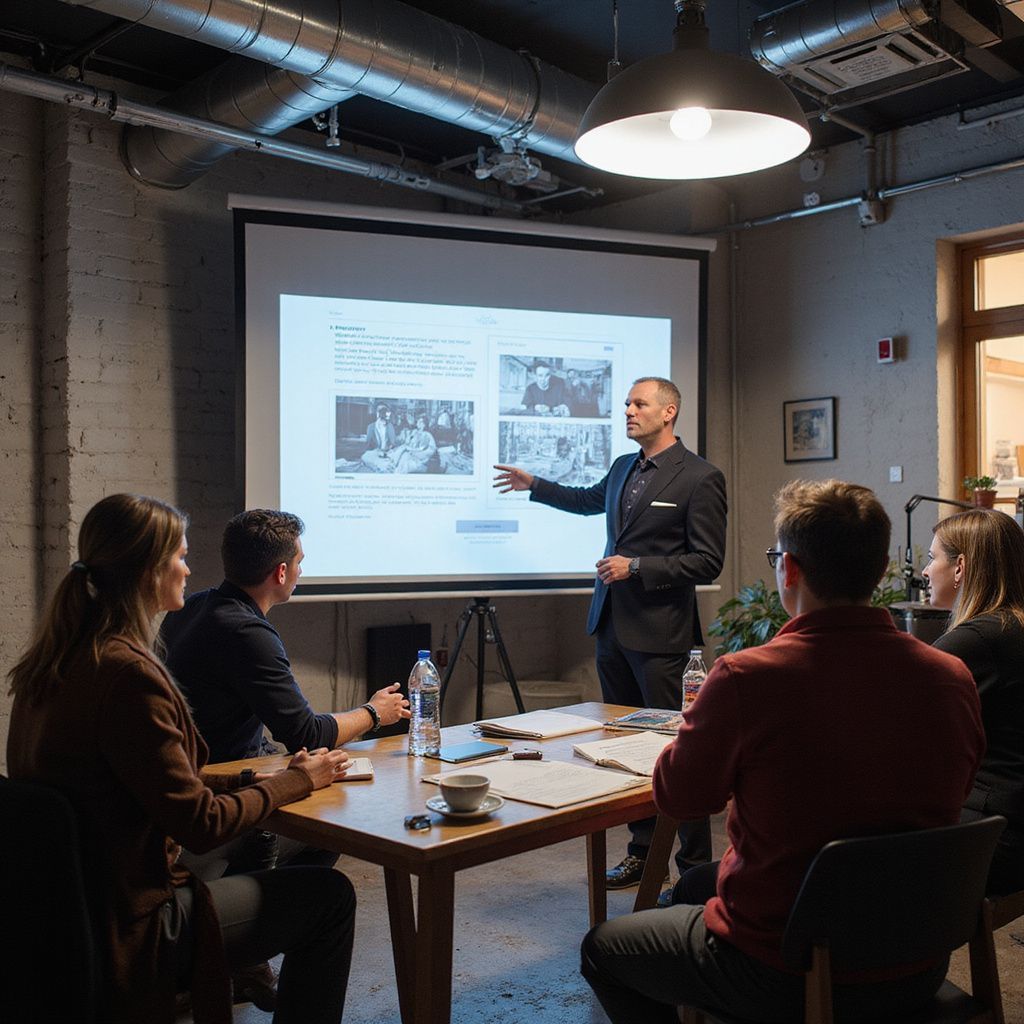 Man in suit presenting to group around a table, using a projector in a modern office space.