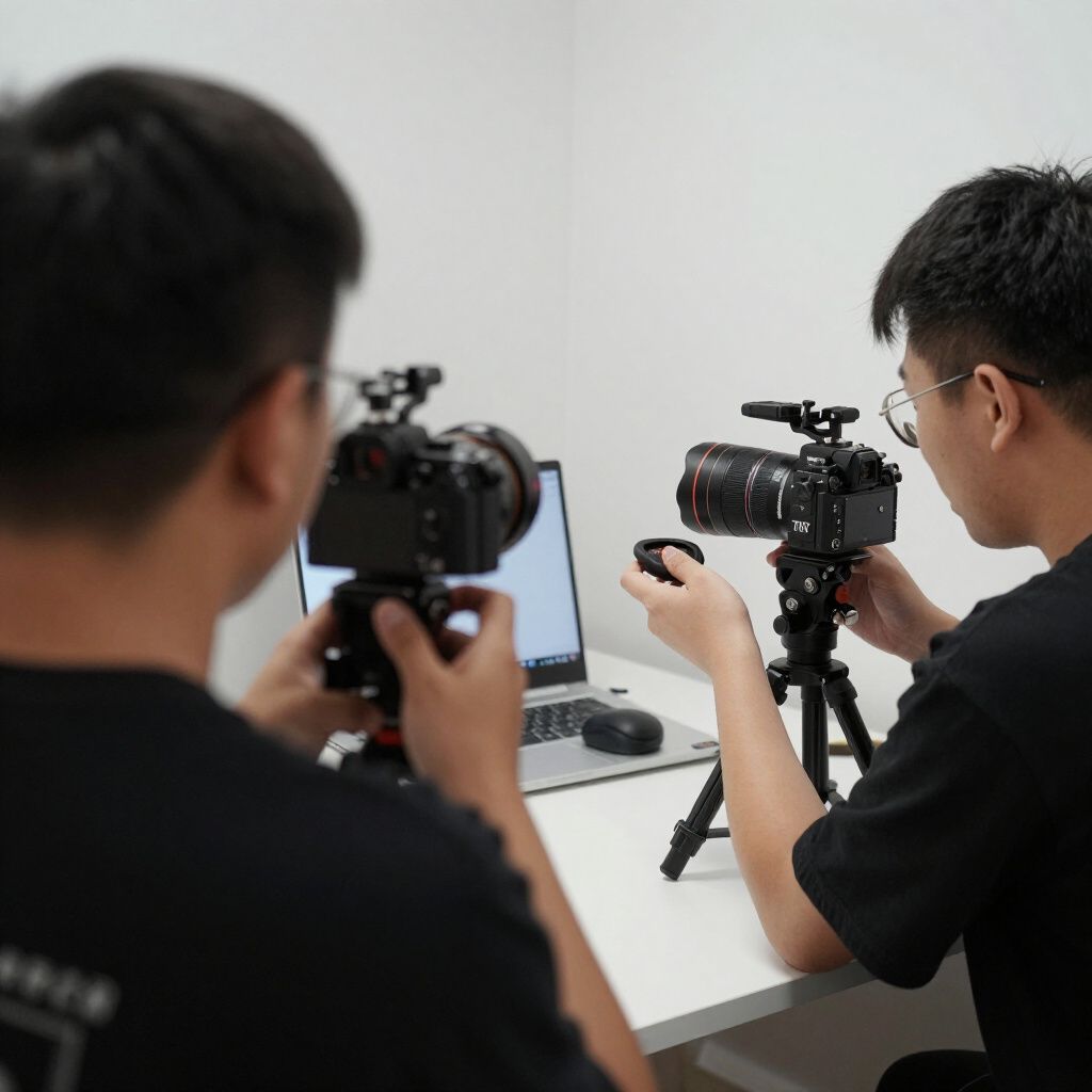 Two people setting up cameras on tripods in front of a laptop on a white desk.