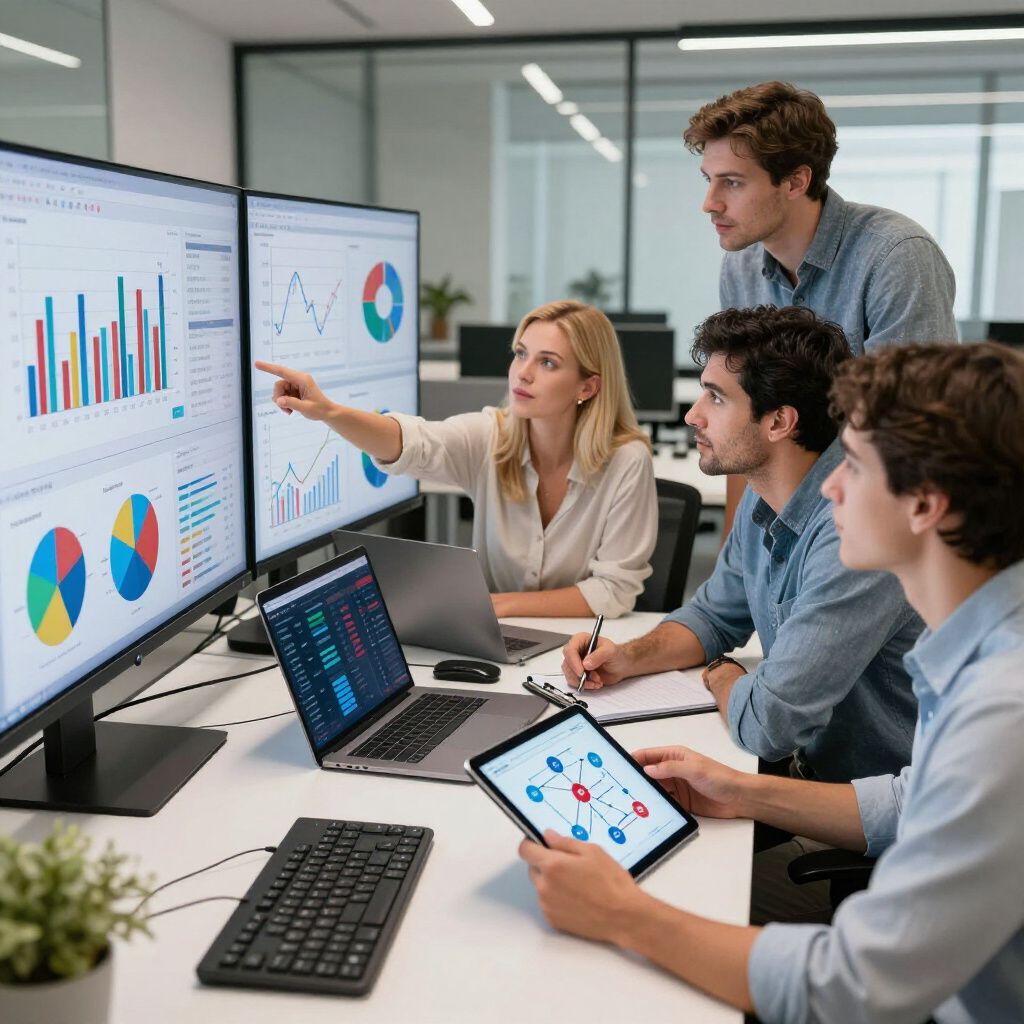 Team of five colleagues analyzing data on computer monitors and tablet in office setting.