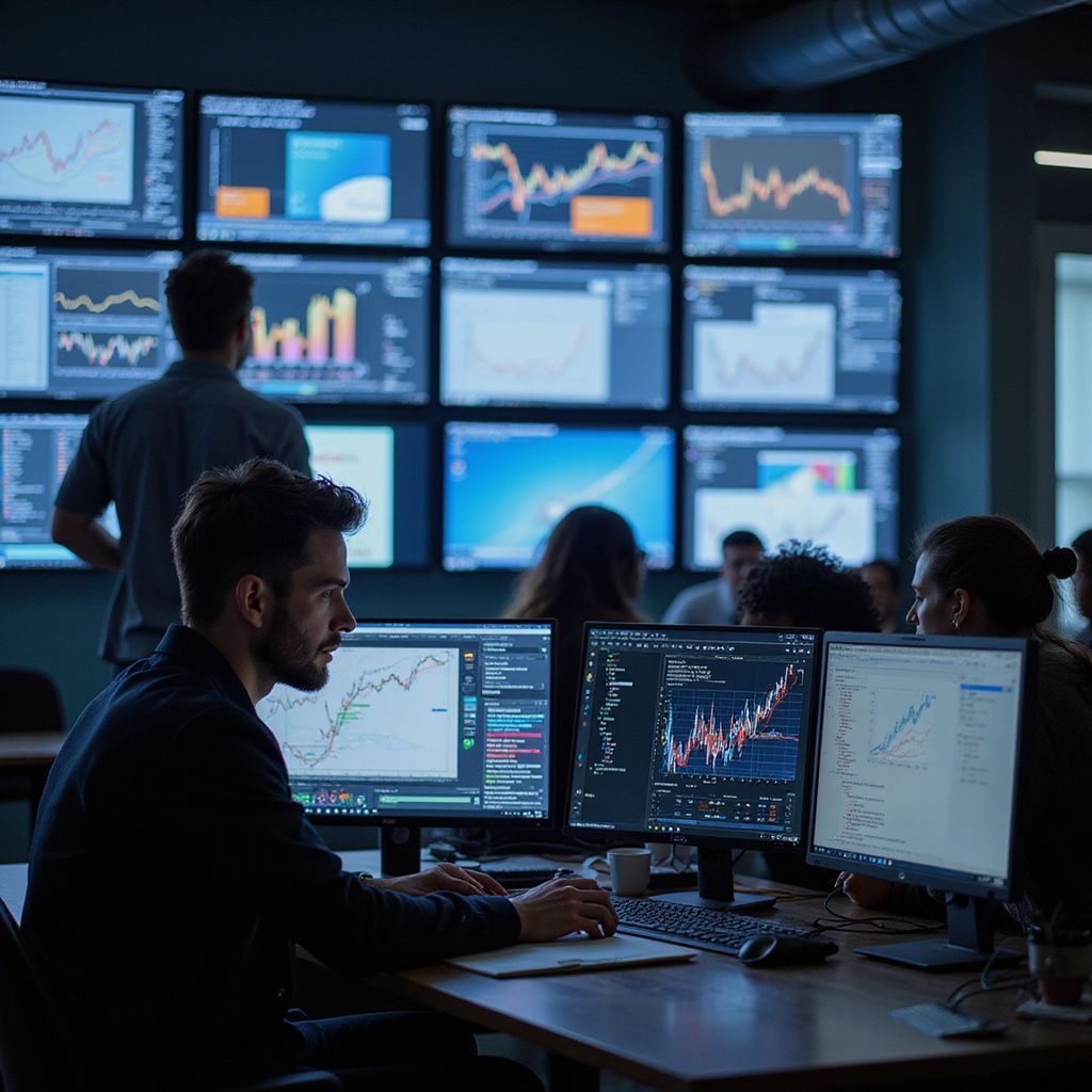 People in a trading room monitor stock charts on multiple screens.