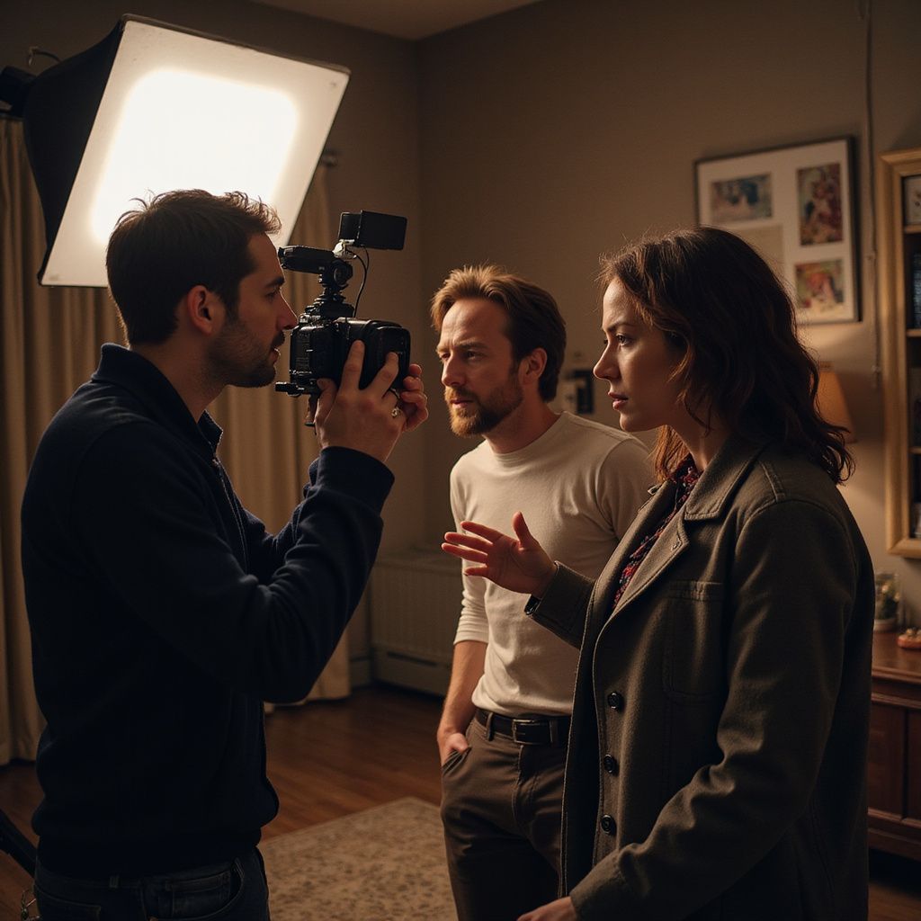 Man filming two people in a room. Large light above the camera. People are looking at camera.