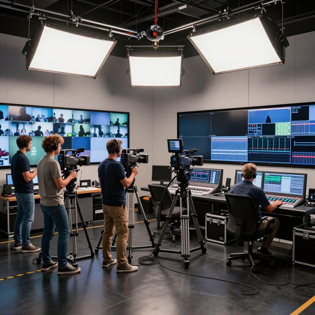 TV studio with crew operating cameras and control panels under bright overhead lights.