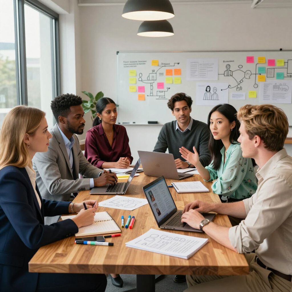 People in a meeting at a wooden table, using laptops and discussing ideas, with a whiteboard in the background.