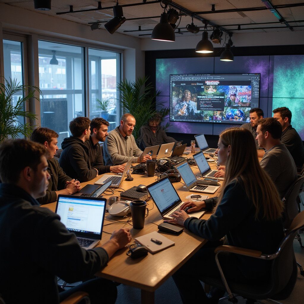 People around a table in a modern office, working on laptops, with a large screen displaying content.