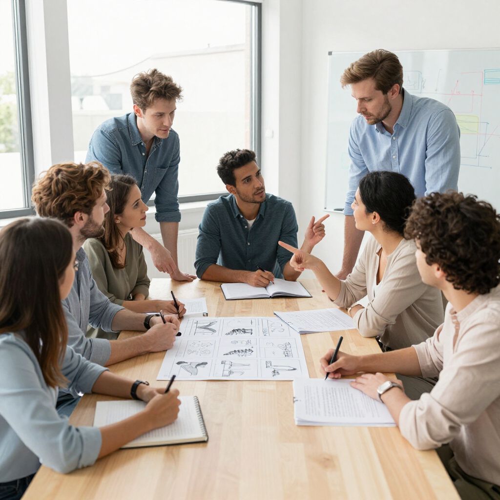 Group of people in a meeting, gathered around a table with papers, discussing a project.