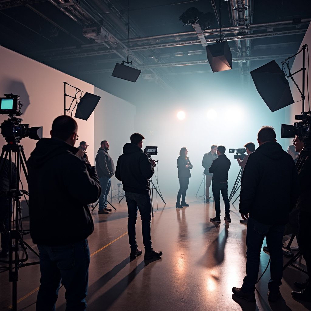 A film studio set. Several people operate cameras, directed toward a bright light.