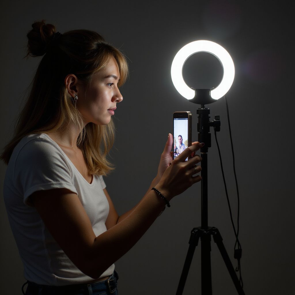 Woman using a smartphone in front of a ring light mounted on a tripod.