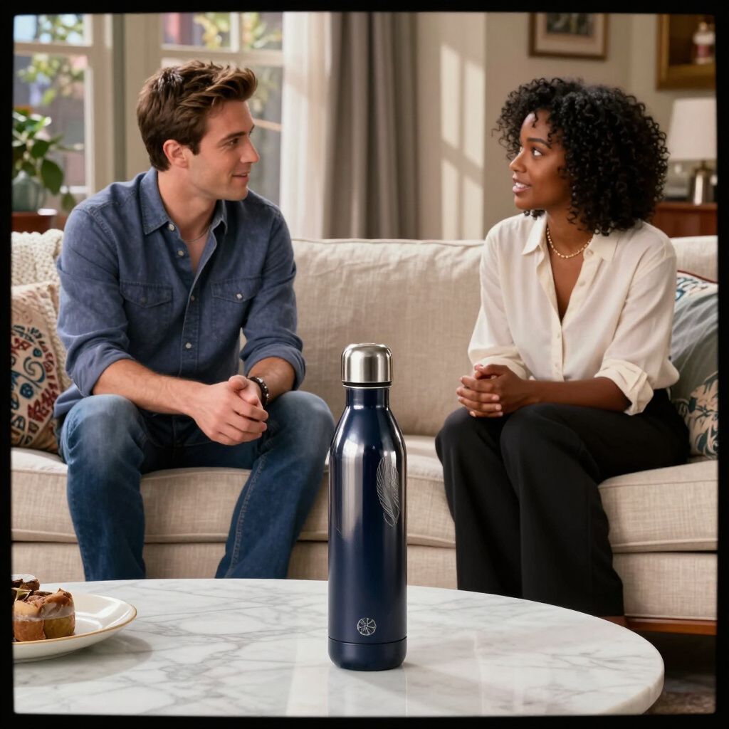 Man and woman seated on a couch, talking. A blue water bottle on the coffee table in front of them.