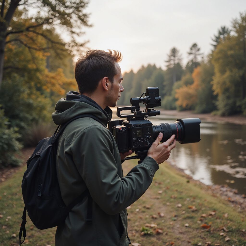 A person in green jacket filming with a large camera near a calm lake in the autumn.