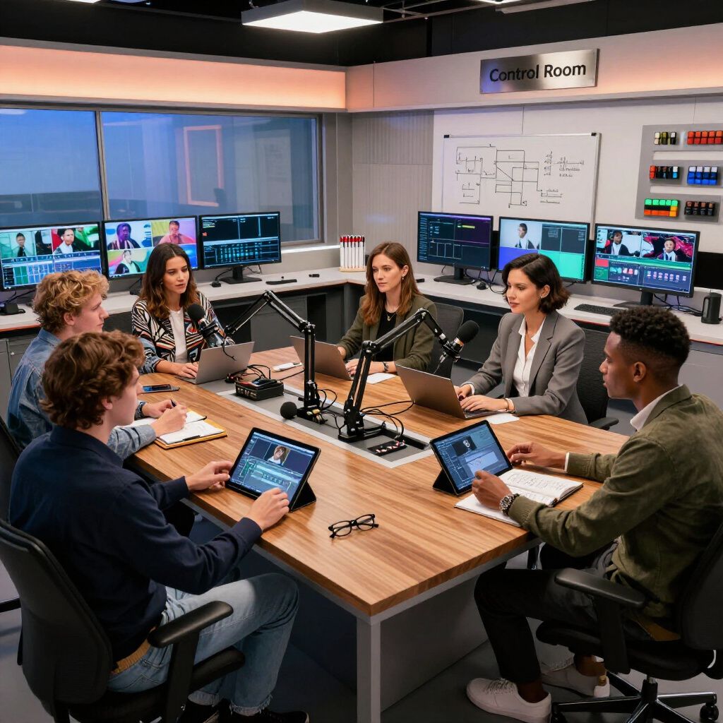 A group in a control room, working at a large table with monitors, laptops, and microphones.