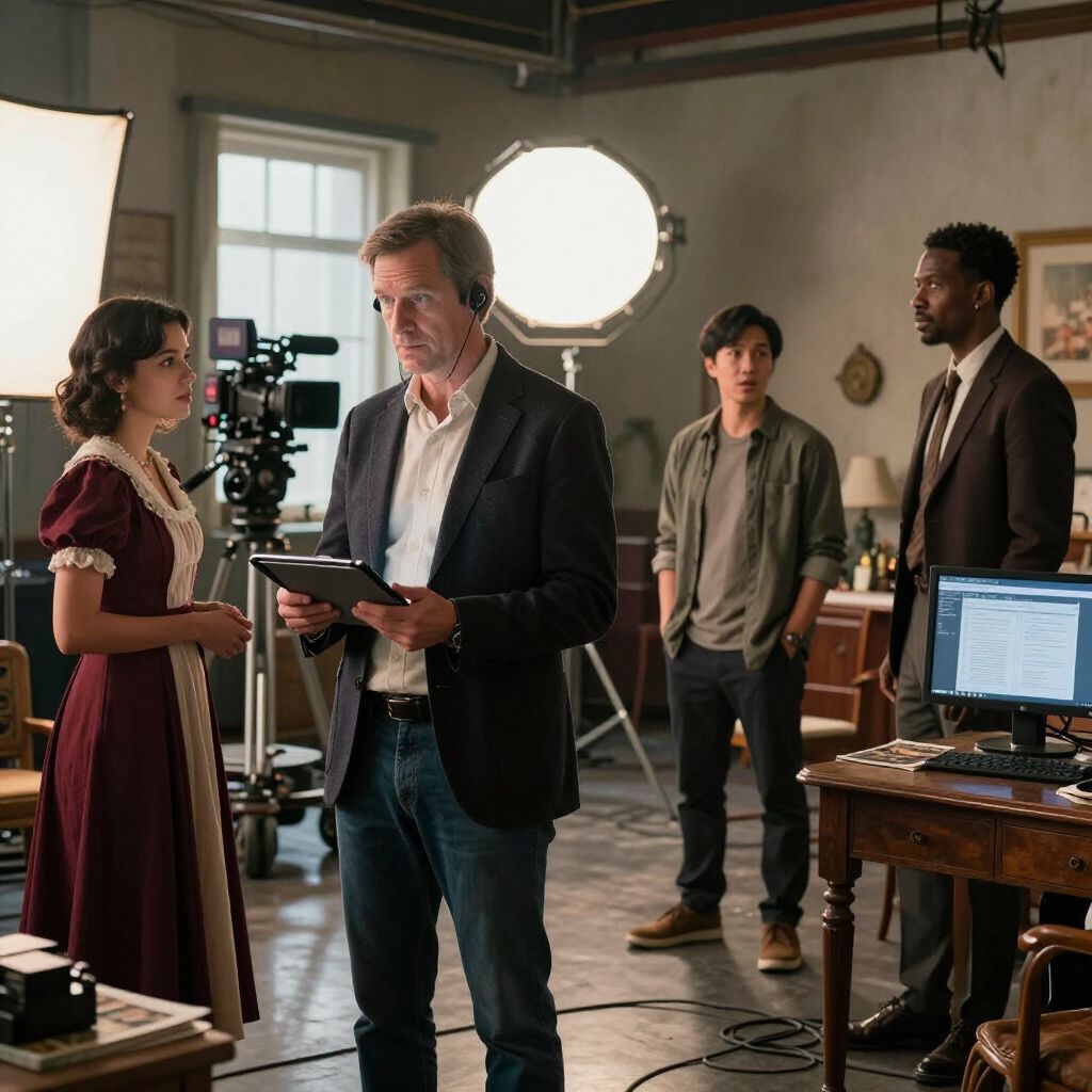 Filming set with actors and crew. A director, holding a tablet, speaks to an actress in a period dress.
