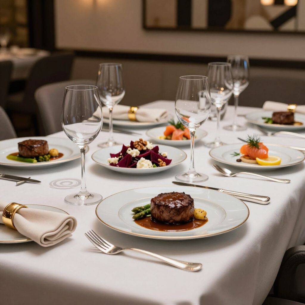 Elegant dining table set with white tablecloth, plates of food, wine glasses.