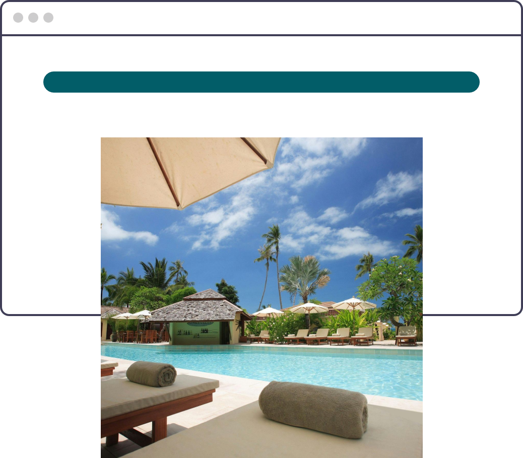 Swimming pool scene, lounge chairs with rolled towels, blue sky, tropical setting.