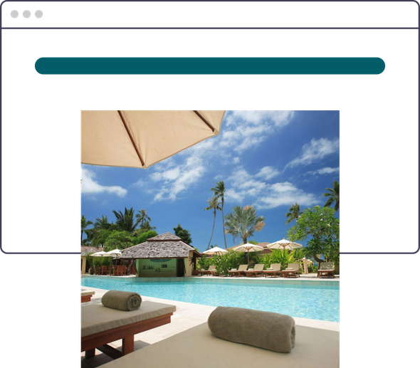 Swimming pool scene, lounge chairs with rolled towels, blue sky, tropical setting.