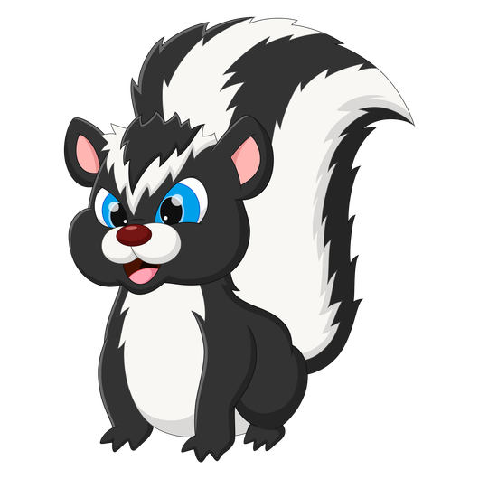 A cartoon skunk is sitting down and smiling.