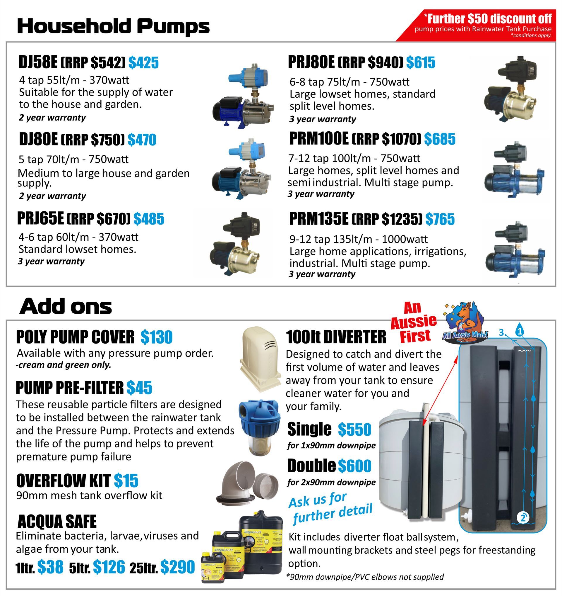Household Pumps Price Description and Add-Ons | Queensland | Rain Again Tanks