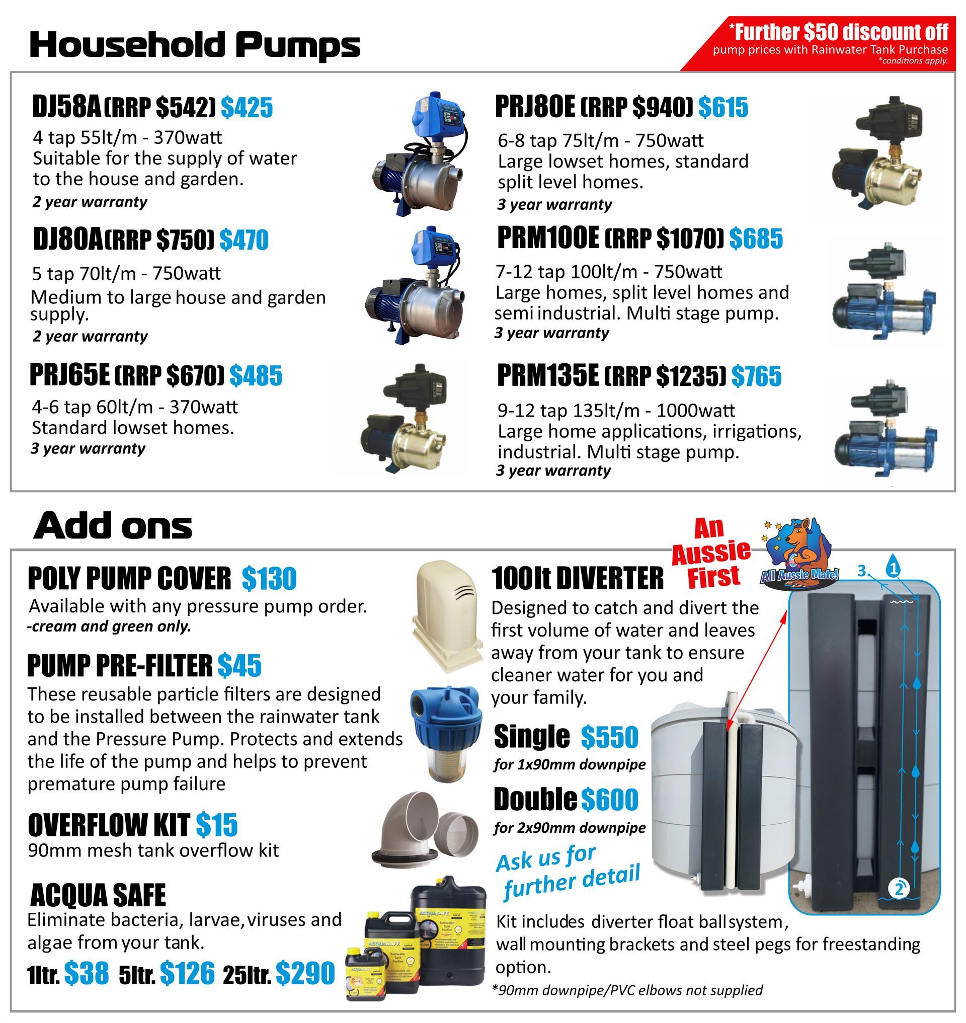 Household Pumps Price Description and Add-Ons | Queensland | Rain Again Tanks