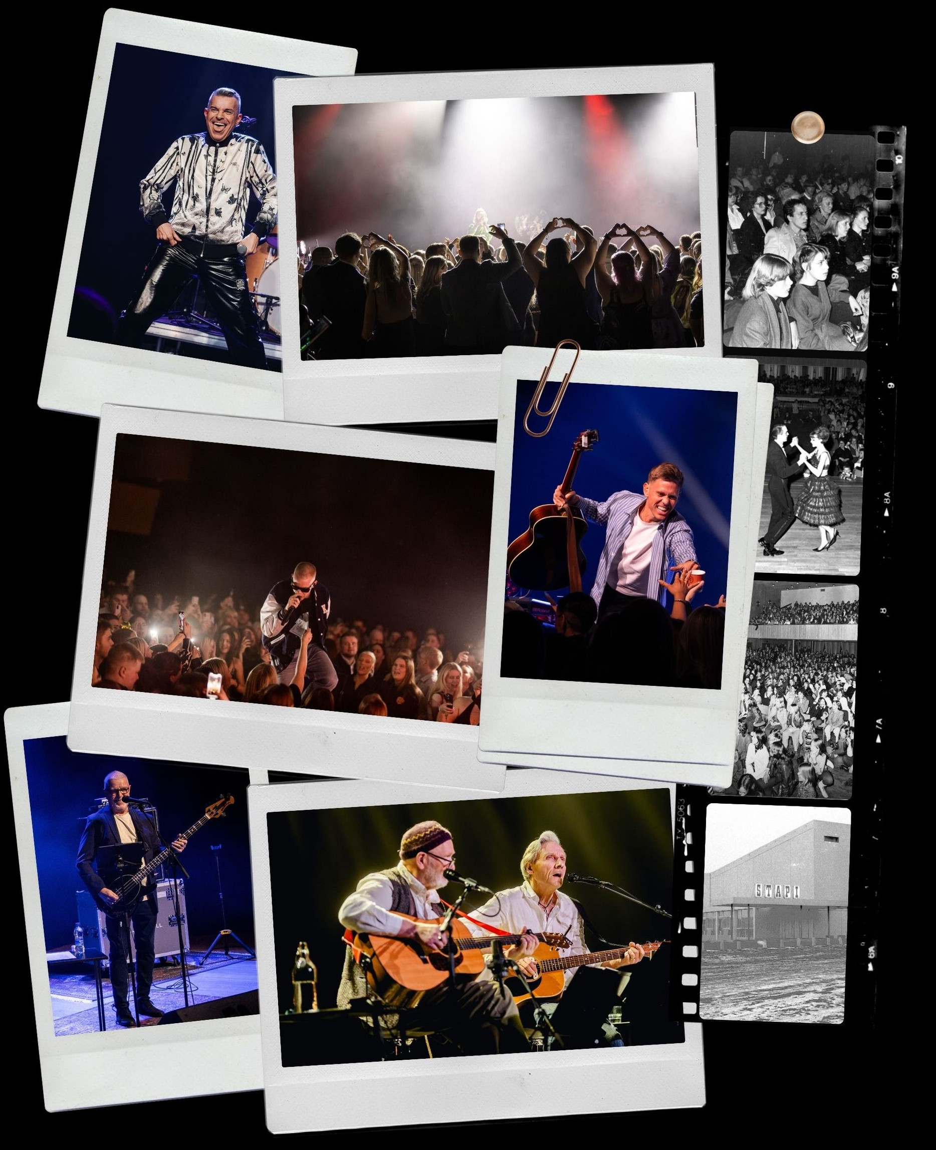 Collage of concerts and musical history at Hljómahöll, featuring performers, crowds, and vintage black-and-white images.