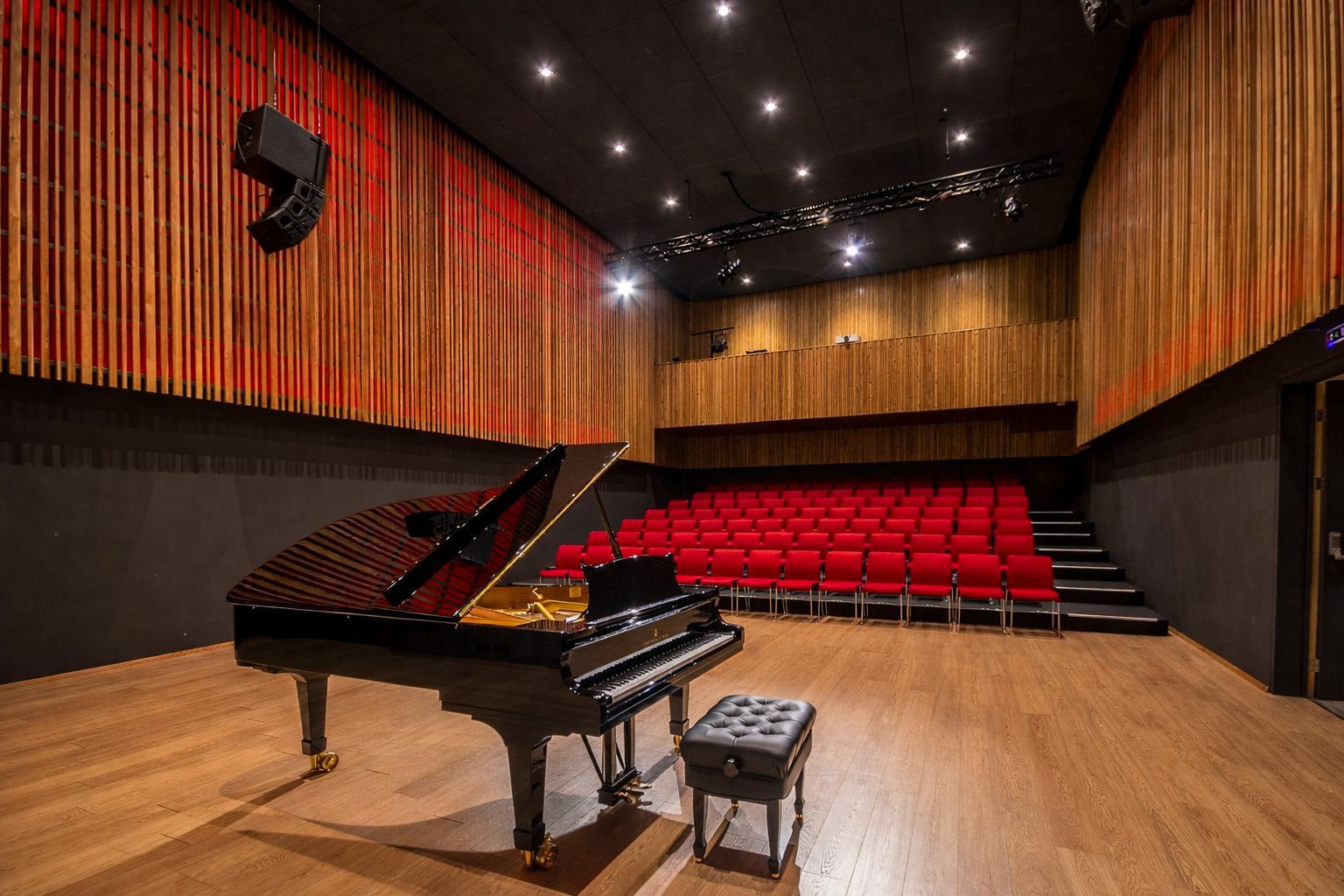 Berg Hall at Hljómahöll in Keflavík. Room with a grand piano on stage and seating, for concerts and conferences.