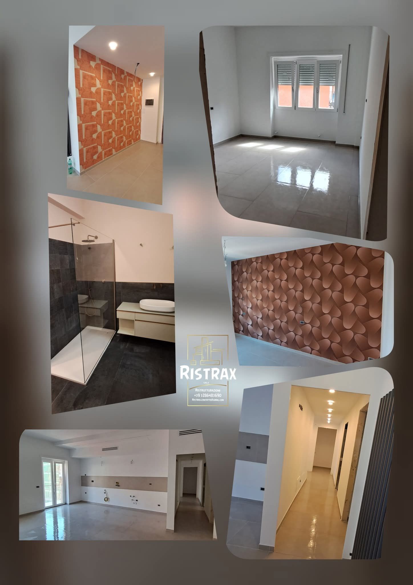 Collage di foto di interni: stanze con pareti piastrellate, pavimenti grezzi e dettagli architettonici di un edificio.