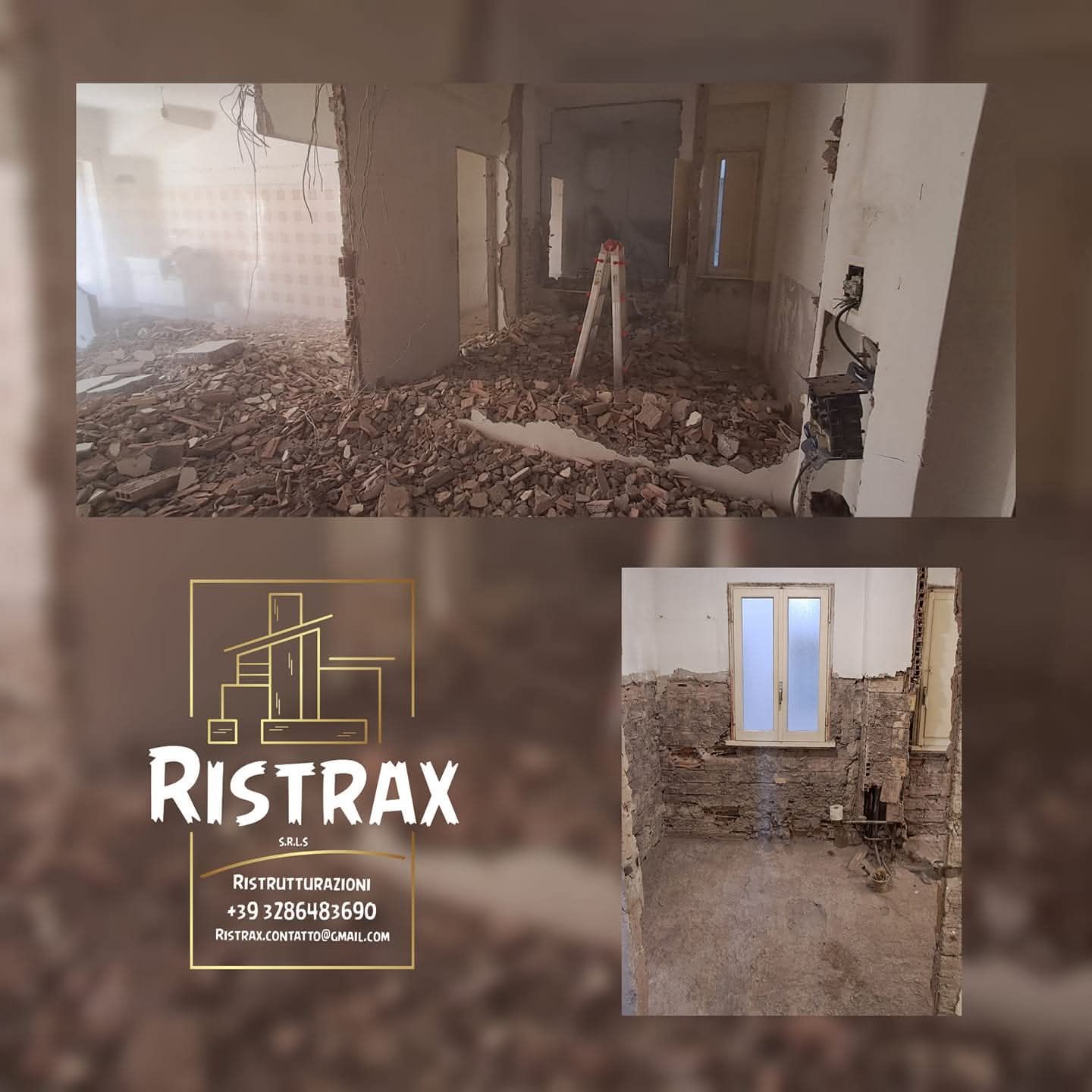 Demolizione dell'interno di un edificio, detriti, polvere e pareti esposte. Logo Ristrax in basso.