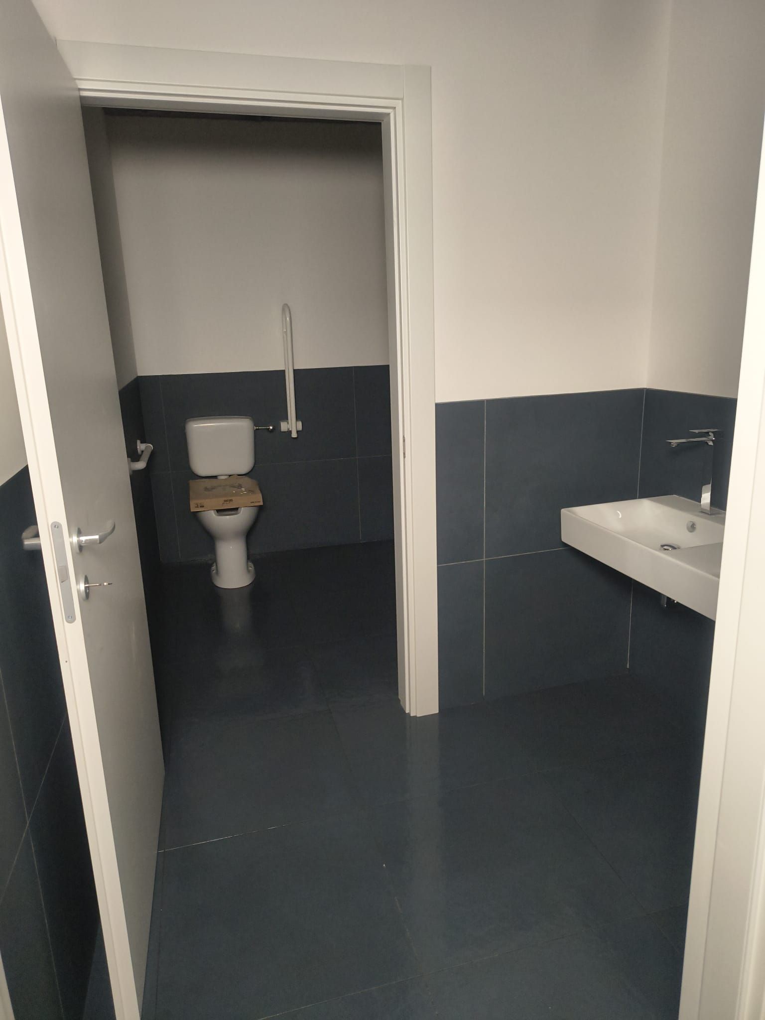 Vista interna di un bagno. Dotato di WC, lavandino e corrimano. Le pareti sono bianche e blu scuro.