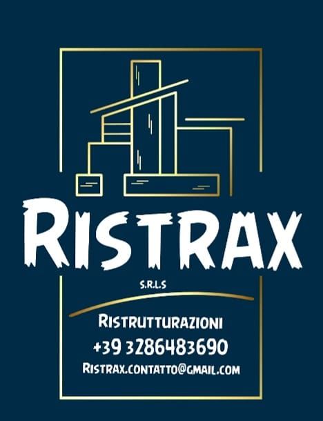 Logo per RistraX SRLS con contorno architettonico dorato su sfondo blu scuro. Include informazioni di contatto.