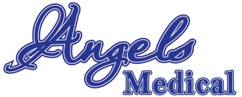 Logo for Angels Medical in blue script font with a white outline. 