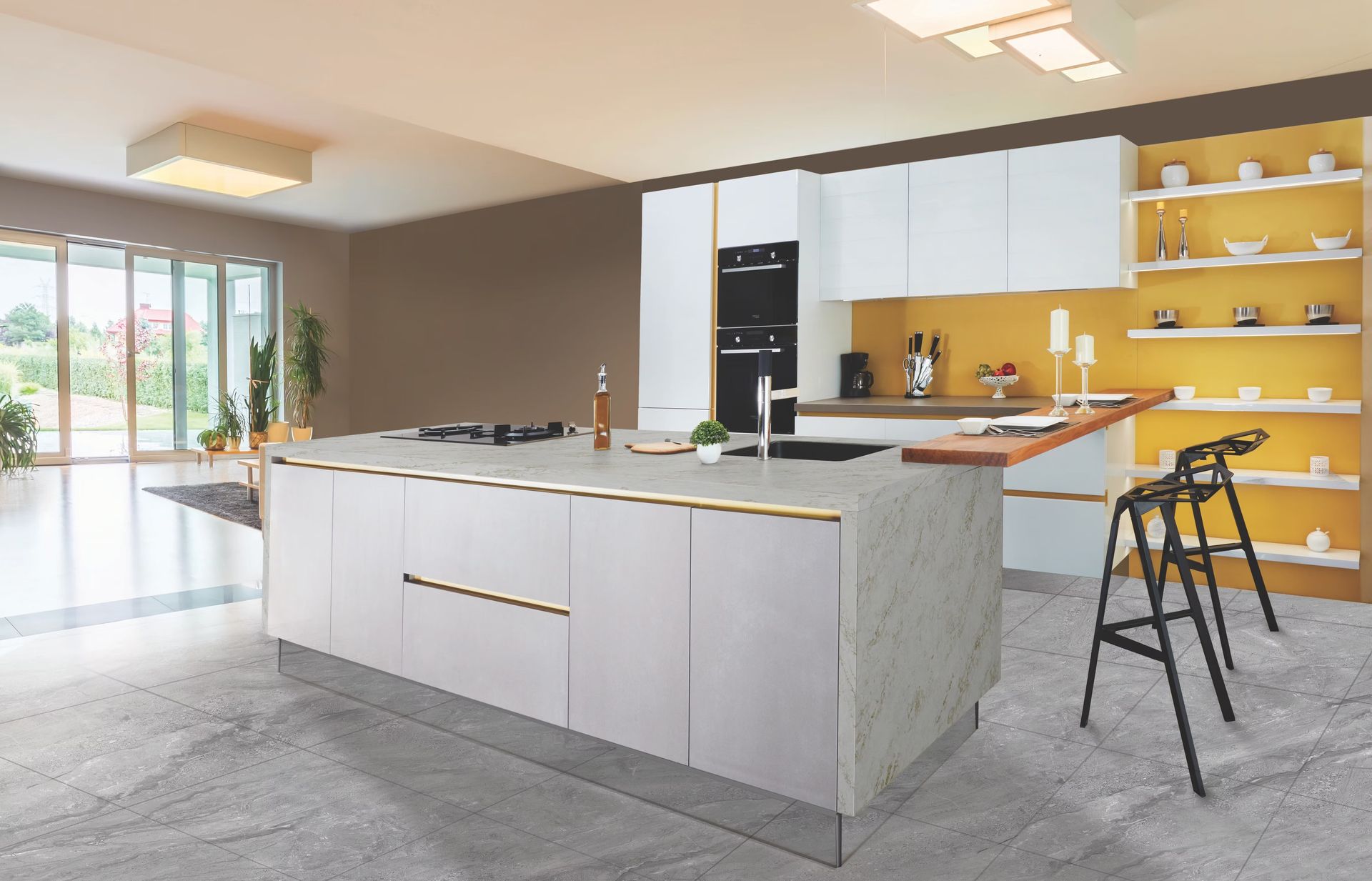 Modern kitchen with white cabinets, island, and yellow accent wall. Large windows and gray flooring.